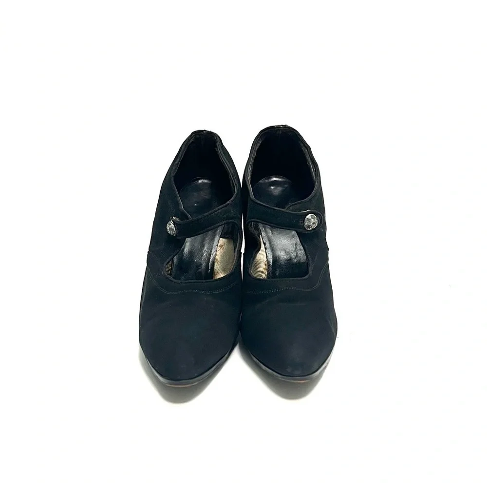 Vintage 1940s black suede pointed toe rhinestone button Mary Jane heels